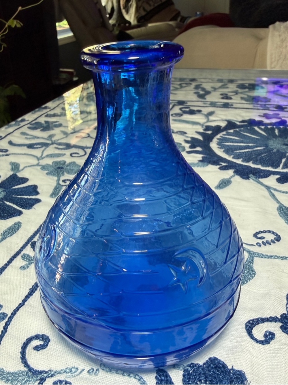 VTG Sun Moon Cobalt Blue Glass Decanter/Flask/Vase Celestial Whimsical Y2K Press - Picture 10 of 10